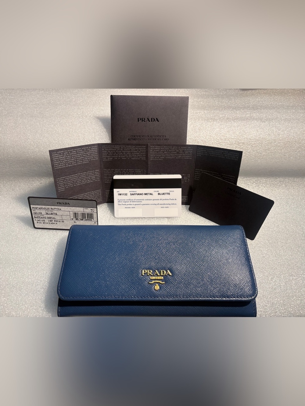 Prada 1M1132 Bluette Saffiano Leather Continental Wallet Full Set Box Cards Book